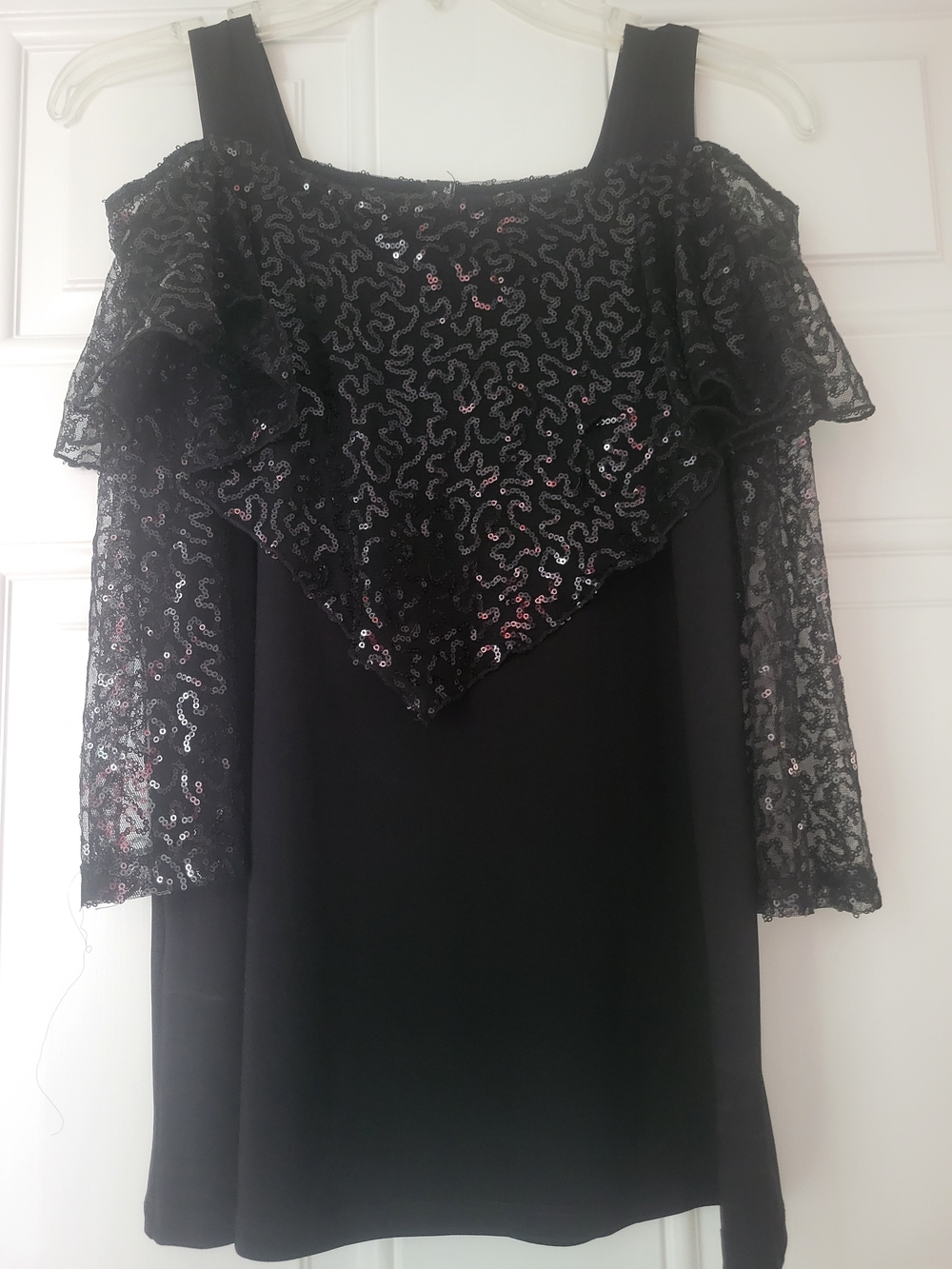 Black Sequin Overlay Cold-Shoulder Top